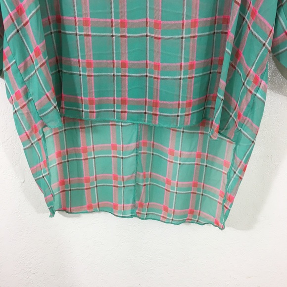 Poema Sheer Plaid High Low Hem Collar V-neck Top - Picture 4 of 8